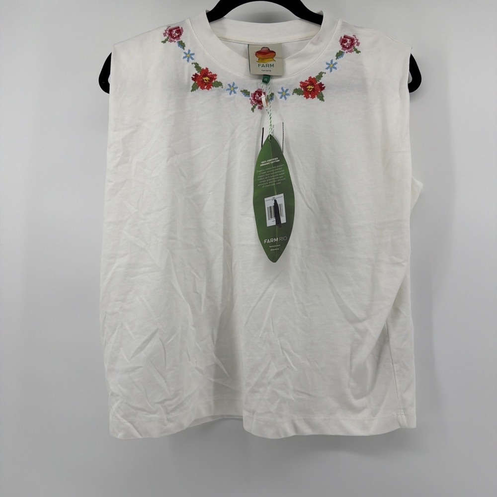 Farm Rio Cross Stitch Flowers Off-White Tshirt Top XS New